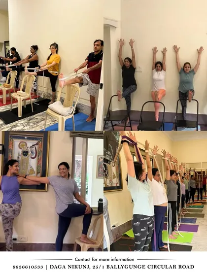 A collage from a recent workshop, showing students using chairs and other props to explore standing poses and twists. My workshops are designed to be interactive, with plenty of guidance and support for everyone.