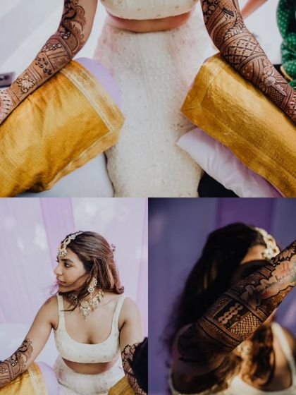 A collage focusing on the intricate Mehendi designs for the bride Anuradha, a beautiful and essential part of the wedding preparations.