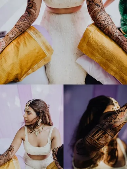 A collage focusing on the intricate Mehendi designs for the bride Anuradha, a beautiful and essential part of the wedding preparations.
