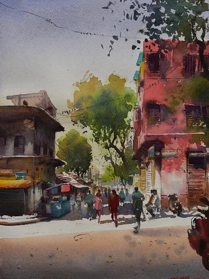 A cityscape painting focusing on the contrast between the sunlit street and the shaded buildings. The pop of red on the building adds a point of interest to the urban scene.