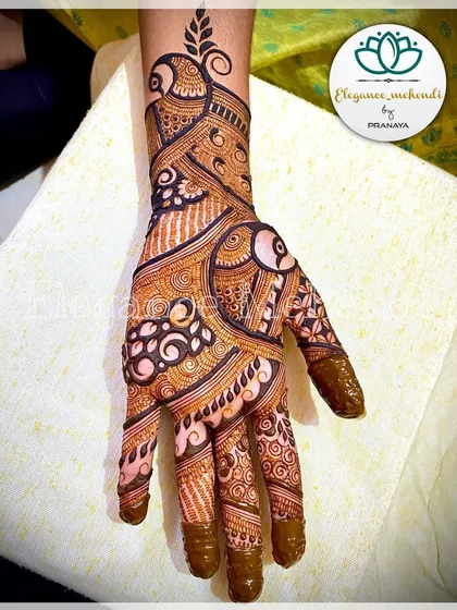 The final look of an intricate backhand design inspired by the amazing artist Kinjal. It features bold swirls and delicate leaf patterns.