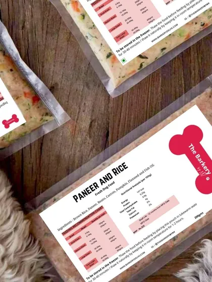 A peek at our fresh meal pouches, featuring the Paneer and Rice recipe, a favorite among our vegetarian pups. Every meal is packed with real ingredients you can see, ensuring your dog gets a balanced and tasty diet. The little paw reaching in says it all.