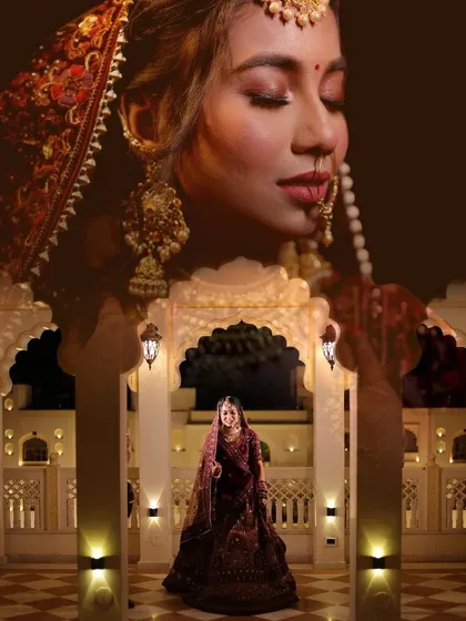 A creative double-exposure portrait of the bride against the backdrop of the illuminated palace venue at night.