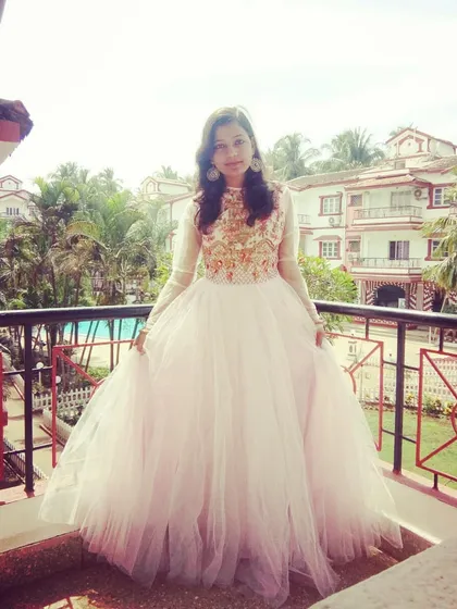 I travel for shoots, and this one in Goa was for a dreamy, destination-themed project. I styled this voluminous tulle gown with an intricately embroidered bodice to create a stunning look perfect for a cocktail evening or pre-wedding shoot.