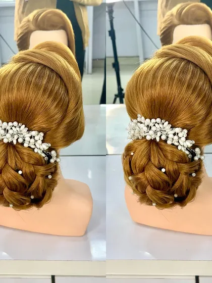 A final, clear image of the advanced braided bun with accessories. This is the quality of work my students aim to produce for their portfolios.