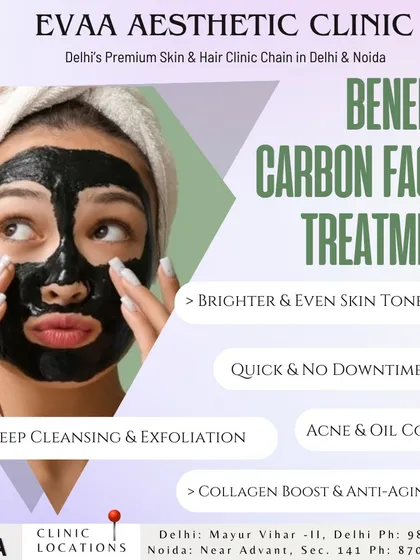 A summary of the key benefits of our Carbon Facial treatment, including deep cleansing, collagen boosting, and achieving a brighter, more even skin tone with no downtime.