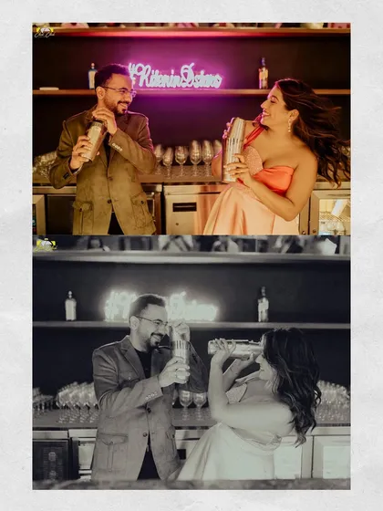 Shaking things up at the cocktail bar. We love capturing playful moments like this that show the couple's fun side.
