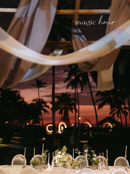 A romantic shot of the tablescape at sunset, with the text overlay "magic hour".