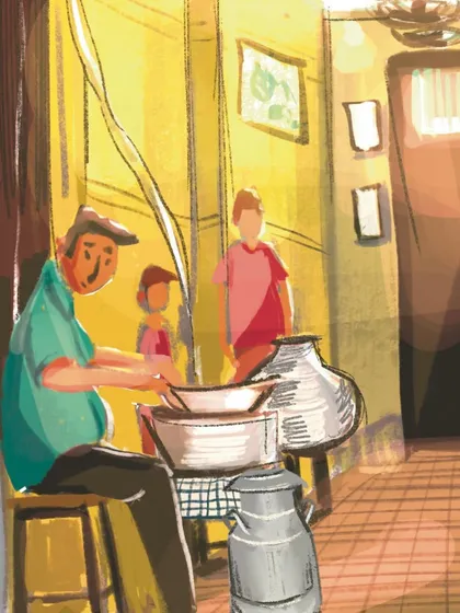 A close-up detail from my digital illustration of the 100-year-old lassi shop in Dadar. I focused on the lassi maker at work, capturing the warm, inviting glow of the shop's interior.