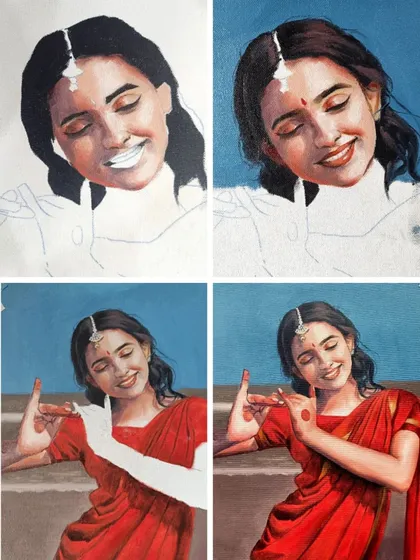 A four-panel image showing the step-by-step process of painting a classical dancer, as taught in my online classes.