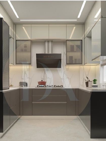 A 3D render of a U-shaped kitchen with a breakfast counter. The design uses a dark grey and white color scheme with marble-look backsplash for a modern and sophisticated feel.
