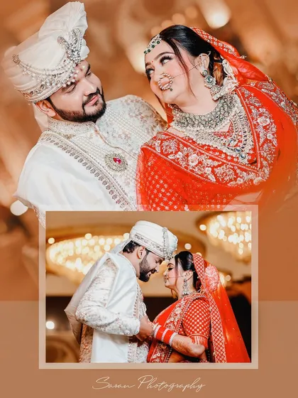 A collage of the couple's romantic moments from their wedding day, designed for a wedding album.