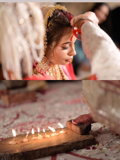 A collage capturing sacred wedding rituals, including the sindoor ceremony. It focuses on the traditional and emotional aspects of the bride's journey.