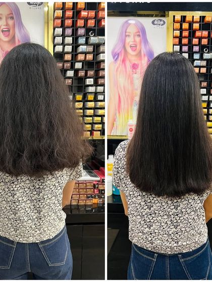A clear before and after comparison of a hair treatment, done in front of our color station.