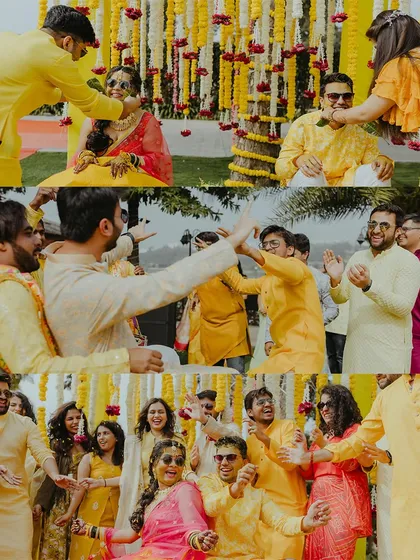 A collage capturing the fun and energy of the Haldi, with friends and family dancing and celebrating around the couple.