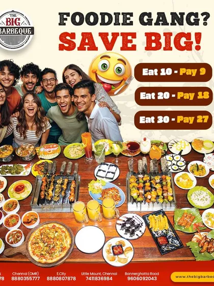 Foodie gang alert. Save big with our special group offers. Eat 10, pay 9. Eat 20, pay 18. Eat 30, pay 27.