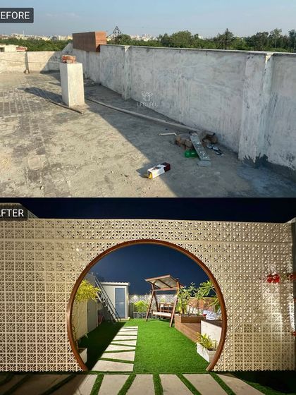A plain wall becomes a portal to another world. We installed a beautiful jaali wall with a circular moon gate, leading to a cozy swing and seating area, all lit for a magical nighttime effect.