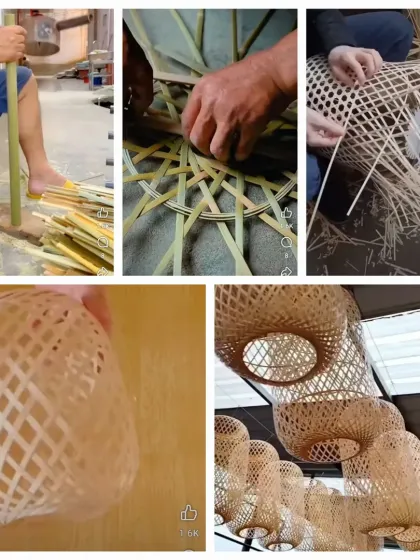 This collage provides a behind-the-scenes look at our crafting process. From splitting raw bamboo stalks to the intricate hand-weaving by our skilled artisans, each step is a testament to the dedication and tradition that goes into every one of our finished lighting pieces.