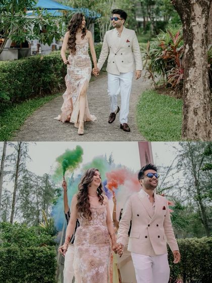 A walk through the park, ending with a colorful celebration. The smoke bombs add a burst of energy and joy, making for a fantastic and memorable pre-wedding photo.