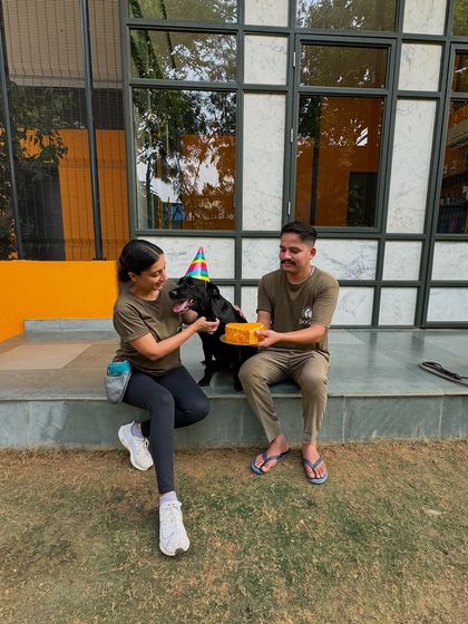 Laika celebrating her birthday with her cake and her favorite humans from the Pack-9 team.