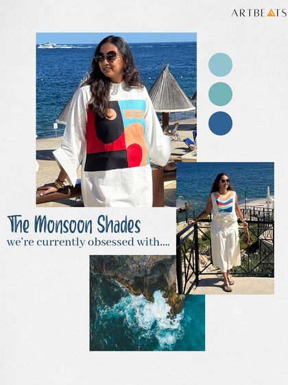 The monsoon shades we're currently obsessed with. This collage highlights the beautiful blues and greens found in pieces like the Transcendence dress and Seascape top.
