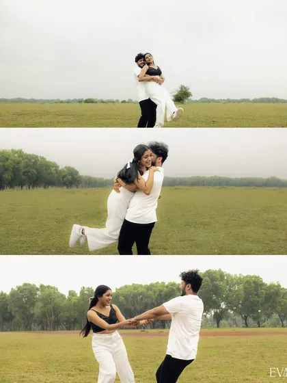A collage of playful and joyful moments from Sachin and Prema's pre-wedding shoot, showcasing their fun-loving relationship in a beautiful open field.