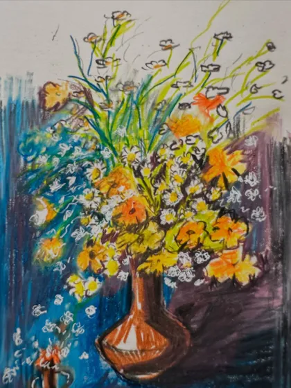 An expressive and colourful still life of a bouquet of flowers in a vase, created with oil pastels.