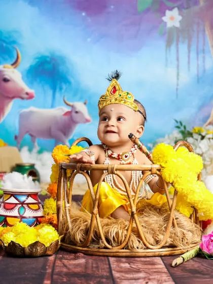 Our Janmashtami mini sessions are full of color and joy. This little Krishna in his basket looks like he's having the best time.