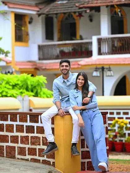 A stylish portrait of the couple in matching denim, showcasing a casual and modern pre-wedding look.