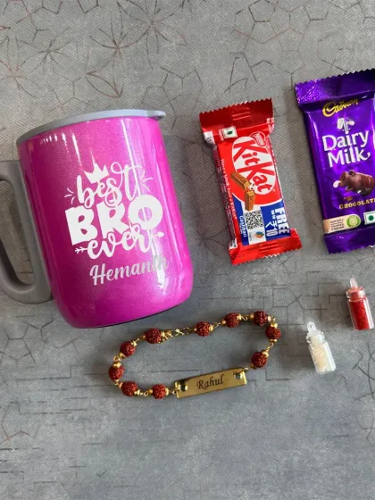 A fun and vibrant Rakhi gift, featuring a "Best Bro Ever" personalized mug, a custom name bracelet, and his favorite chocolates.