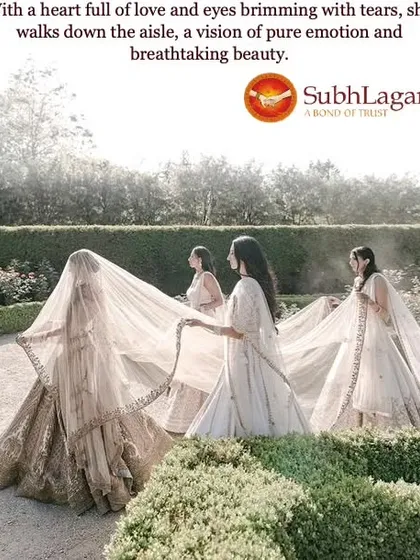 A bride walks down the aisle, her bridesmaids carefully holding her long, elegant veil. This image shows the importance of family and friends supporting her on her big day.