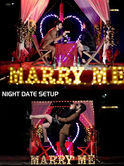 This collage shows a complete "Night Date Setup" theme, including a "Marry Me" sign, a beautifully decorated table, and a playful lift. It's a full concept we can create for you.