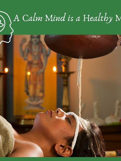 A calm mind is a healthy mind. This image of a Shirodhara treatment, with the deity in the background, represents our belief in healing both the physical body and the subtle mind through ancient therapies.