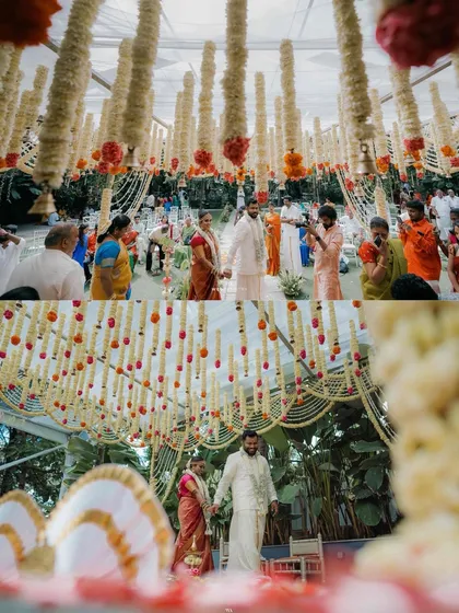 I have had the honor of hosting many beautiful South Indian weddings. The lush greenery and traditional decor elements, like floral arrangements and brass lamps, create an authentic and sacred atmosphere for the ceremony.
