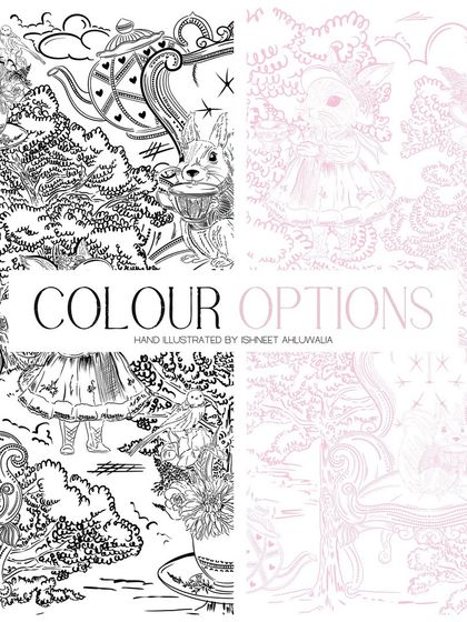 I offer my designs in different colour options to suit your needs. Here you can see the 'Tea Among the Trees' pattern in both detailed monochrome and a soft, dreamy pink line art version.