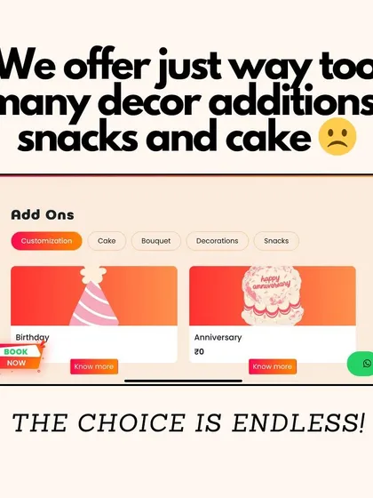 The choice is endless when it comes to personalizing your event. This screenshot shows our easy-to-use add-ons menu where you can select cakes, bouquets, decorations, and snacks.
