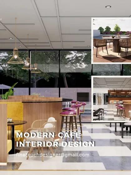 This collage provides a summary of the cafe's key design features. It highlights the different seating zones, the material palette, and the overall modern and inviting atmosphere I created for the project.