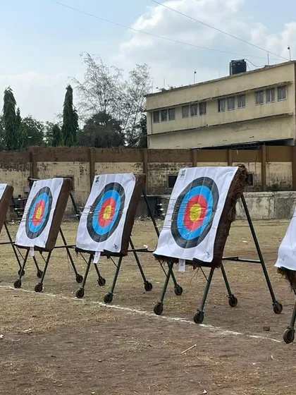 A close-up of the targets after a round of shooting at the Drona Cup. The worn targets are a sign of a well-used and active archery range.