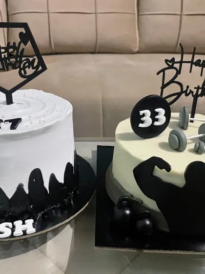 Here's a side-by-side look at two cakes for men, including the gym-themed cake. It shows how I can create different styles, from a hobby-focused design to a simple and classy black-and-white drip cake.
