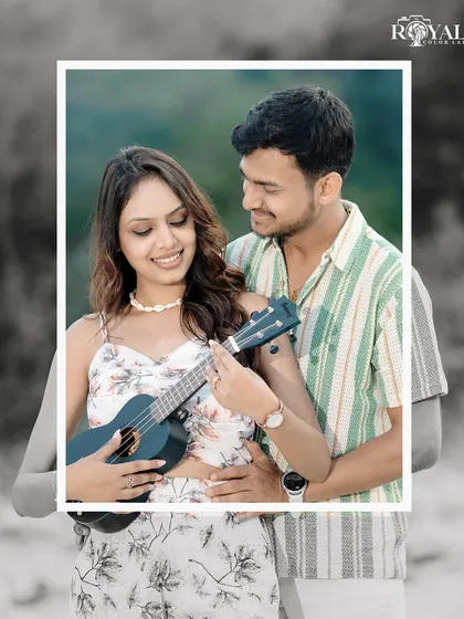 A sweet shot of a couple with a ukulele on the beach, adding a musical and personal touch to their pre-wedding story.