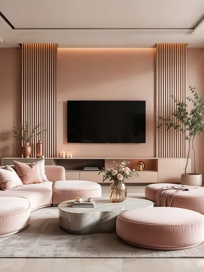 This living room uses a curved pink sofa and fluted wall panels to create a soft, contemporary, and inviting space.