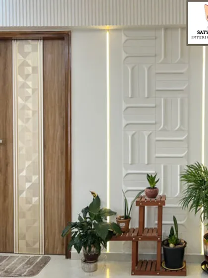 The intricate design of the door and the textured wall paneling are complemented by subtle backlighting, adding a layer of sophistication.