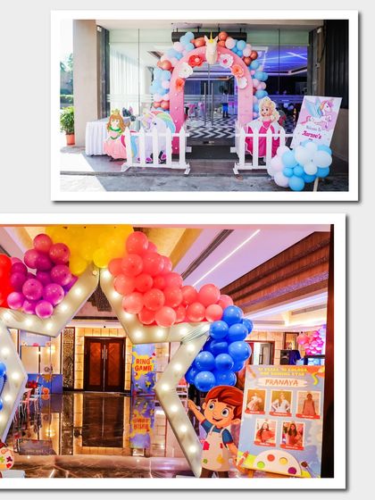 Two more examples of eye-catching entrances: a princess theme with a pink castle arch and a vibrant art theme with a light-up star arch.