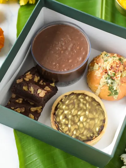 An overhead view of the goodies inside the Rakhi Delight Box.