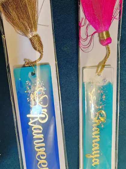 The personalized bookmarks, all packed and ready to go.