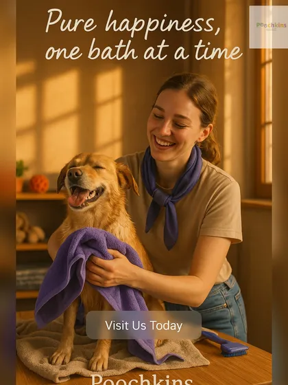Bath time should be a happy time. We use high-quality, gentle products and warm water to make the dog bathing experience soothing and comfortable. Look at that relaxed smile after a good towel dry.
