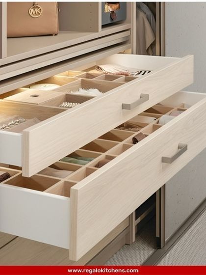 These illuminated drawers feature custom inserts for jewelry and small accessories. The soft lighting and plush lining provide a safe and beautiful home for your valuables.