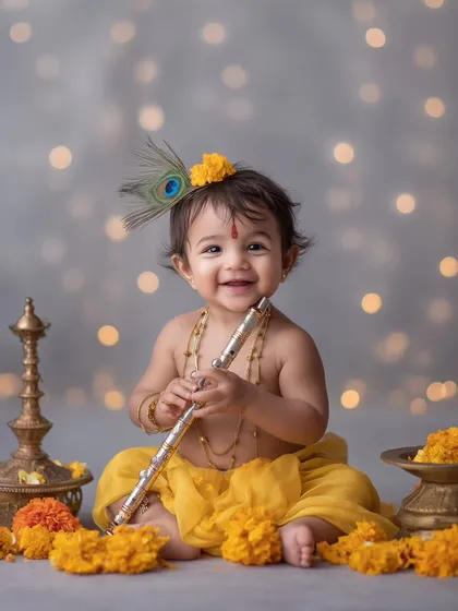 A classic Little Krishna portrait, where the baby's bright smile shines against a backdrop of soft bokeh lights. Holding a silver flute and adorned with a peacock feather, this image captures the playful and divine essence of Bal Gopal.