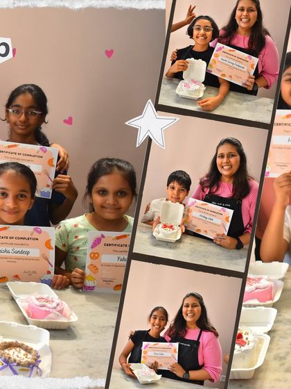 A collage capturing the sweet moments and even sweeter creations from our kids' bento cake class. Look at those happy faces!
