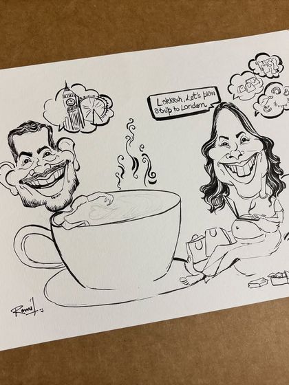 The first step: a clean black and white ink drawing. This is the foundation of the expecting couple caricature, where I define their features and the overall composition.